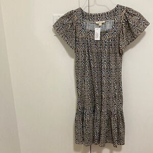 Imoga Pima NWT Organic Cotton Midi Shift Dress in Tan/Navy Ikat Print. Size 12.